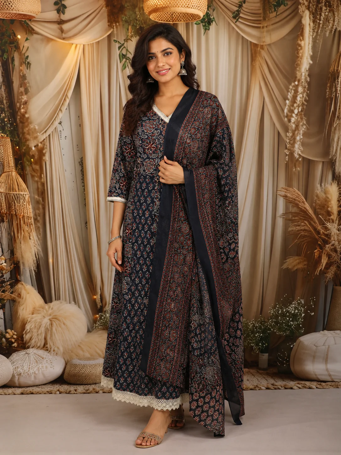 Deep Navy Blue Floral Printed Design Cotton Anarkali Salwar Suit with Dupatta
